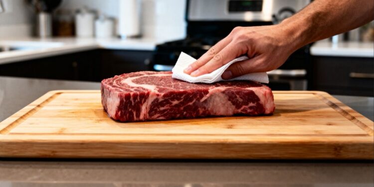 Por que é recomendado secar a carne com papel-toalha antes de levar à frigideira, e como isso é feito?