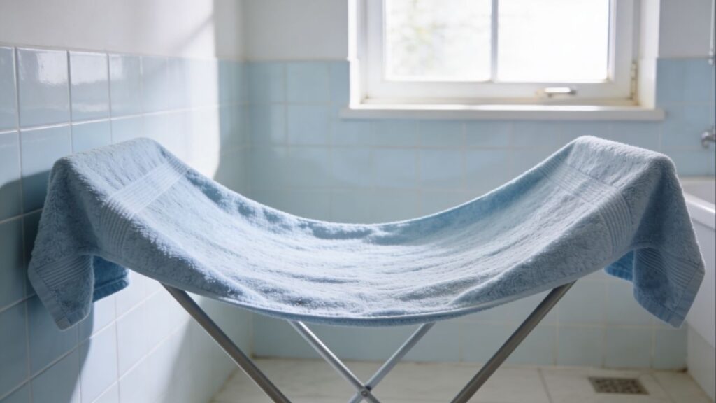 Se você deixa a toalha de banho pendurada desse jeito, o cheiro ruim aparece rápido. Por que esse ponto impede a secagem correta