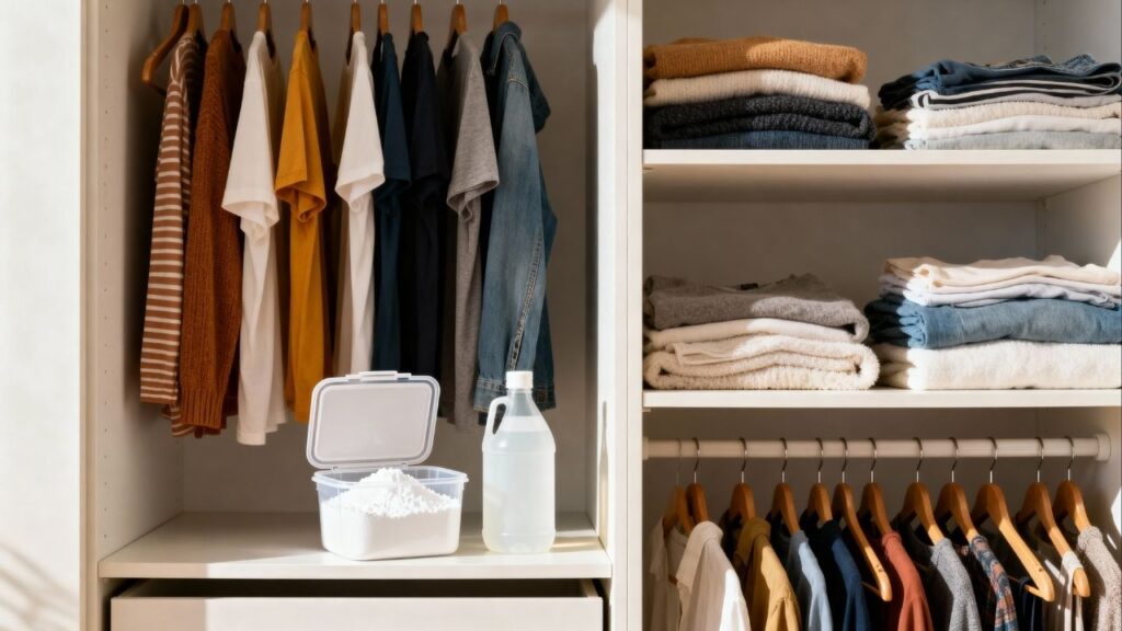 Seu guarda-roupa não vai mais ficar com cheiro de mofo: só 2 colheres de bicarbonato, 1 copo de vinagre branco e 1 recipiente aberto já ajudam