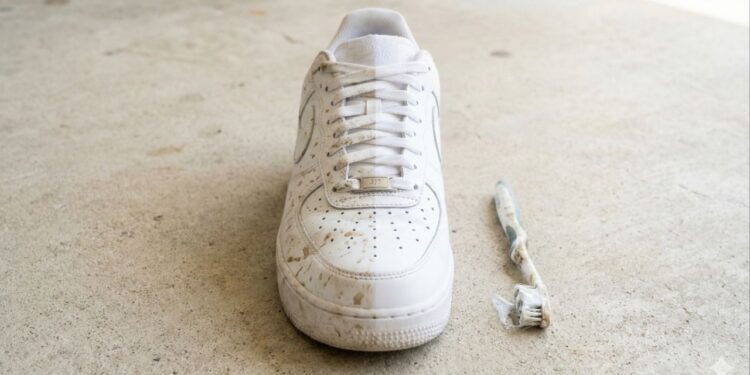 Tênis branco encardido branco de novo sem colocar na máquina com mistura fácil que não amarela a borracha