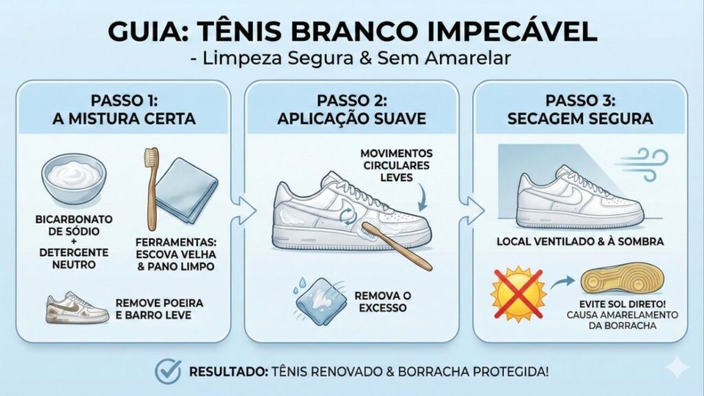 Tênis branco encardido branco de novo sem colocar na máquina com mistura fácil que não amarela a borracha
