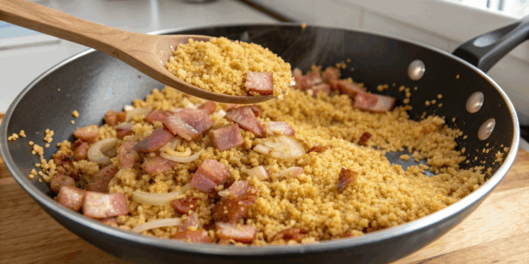 Farofa simples crocante pronta em 10 minutos que não queima e mantém sabor caseiro