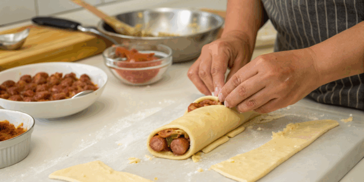 Recebeu visita e não sabe oque fazer? Enrolado de salsicha na massa de pastel vira solução rápida