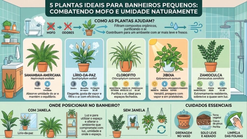 5 plantas que ajudam a evitar mofo no banheiro pequeno, sobrevivem com pouca luz e reduzem o cheiro de umidade