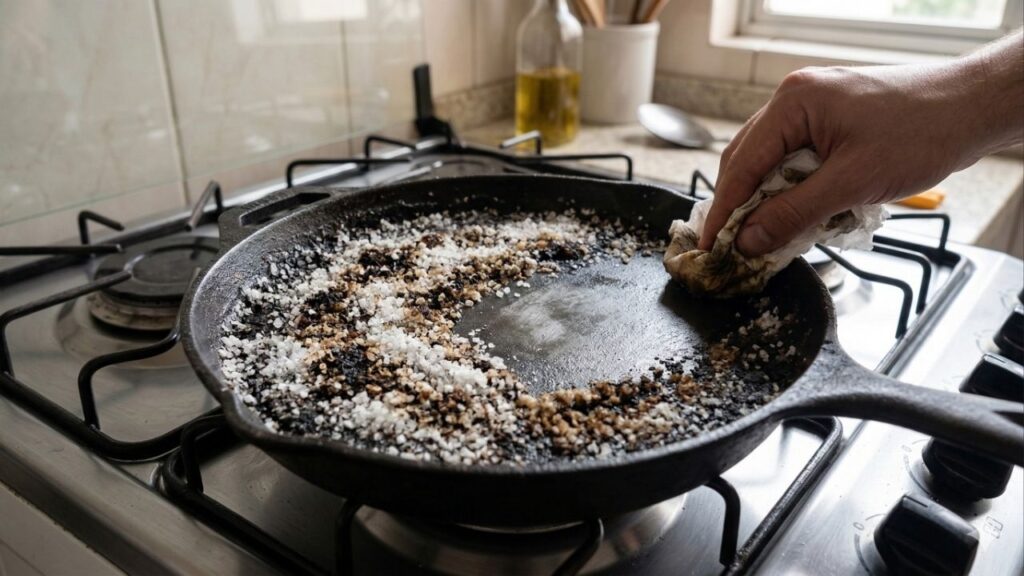 Colocar sal grosso no fundo da frigideira engordurada, o truque doméstico que ajuda a soltar gordura grudada sem arranhar