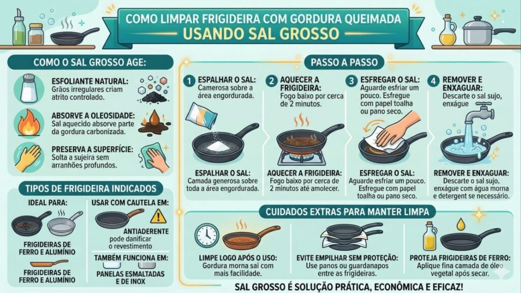 Colocar sal grosso no fundo da frigideira engordurada, o truque doméstico que ajuda a soltar gordura grudada sem arranhar