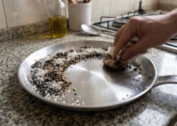Colocar sal grosso no fundo da frigideira engordurada, o truque doméstico que ajuda a soltar gordura grudada sem arranhar