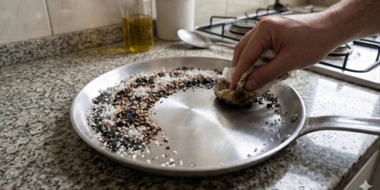 Colocar sal grosso no fundo da frigideira engordurada, o truque doméstico que ajuda a soltar gordura grudada sem arranhar