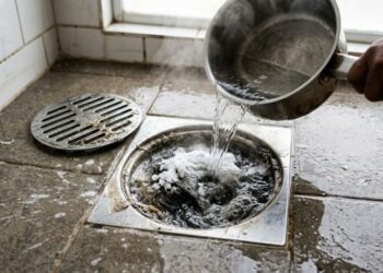 Como limpar o ralo do banheiro e remover o mau cheiro usando o truque do bicarbonato com água quente