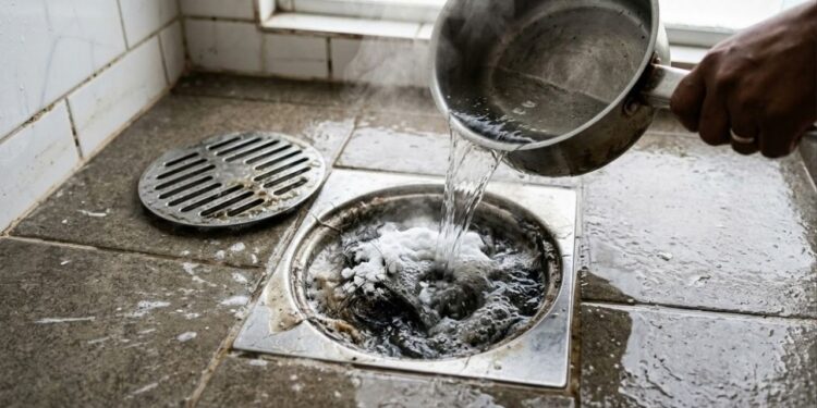 Como limpar o ralo do banheiro e remover o mau cheiro usando o truque do bicarbonato com água quente