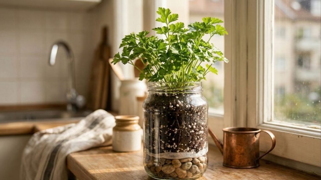 Como plantar salsa em potes de vidro reutilizados no peitoril da janela e evitar que o solo fique encharcado e apodreça as raízes