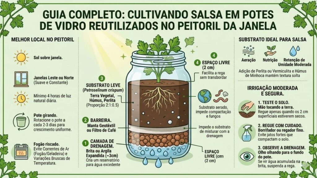 Como plantar salsa em potes de vidro reutilizados no peitoril da janela e evitar que o solo fique encharcado e apodreça as raízes