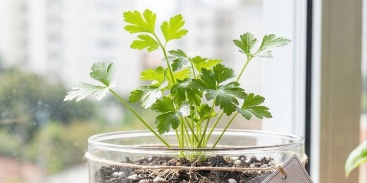 Como plantar salsa em potes de vidro reutilizados no peitoril da janela e evitar que o solo fique encharcado e apodreça as raízes