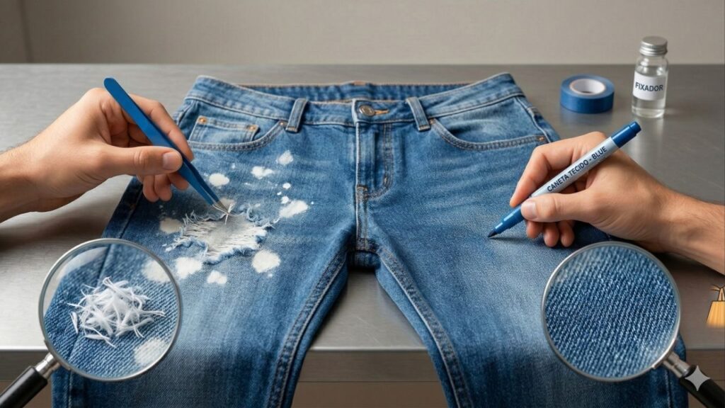 Como recuperar jeans manchado por água sanitária que ficou com marcas claras usando um método simples