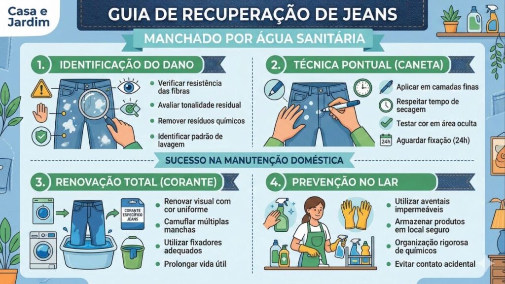 Como recuperar jeans manchado por água sanitária que ficou com marcas claras usando um método simples