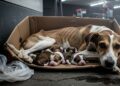 Cruel! Mila, a cadela, abandonada numa caixa de papelão com os seu filhotes recém-nascidos