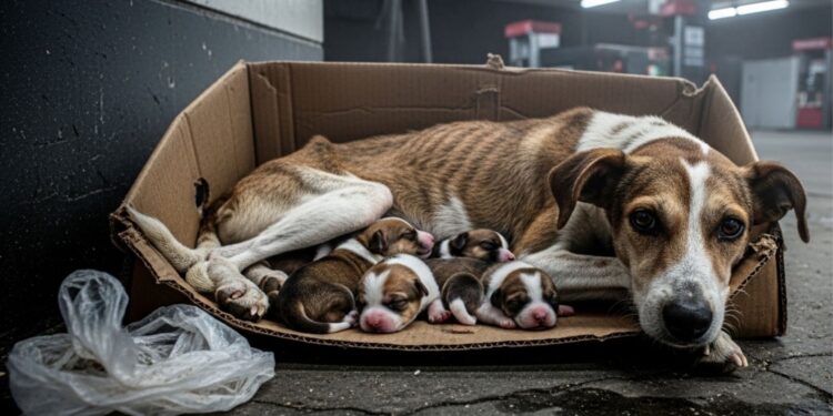 Cruel! Mila, a cadela, abandonada numa caixa de papelão com os seu filhotes recém-nascidos