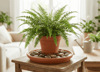 Nem borrifar água, nem regar mais: o truque do pratinho com pedras que salva a samambaia no verão