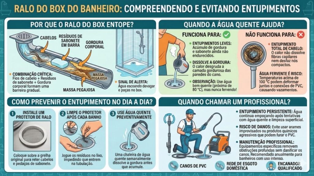 Jogar água quente no ralo do box: quando realmente ajuda e como evitar entupimento por acúmulo de cabelo e sabonete