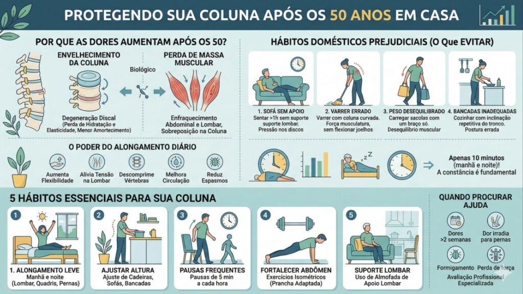 Para evitar dores nas costas após os 50, é necessário incluir esses 5 hábitos na rotina dentro de casa
