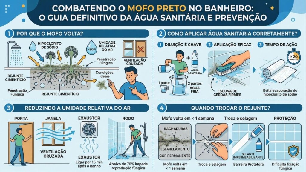 Passar água sanitária no rejunte do banheiro: quando usar e como evitar mofo preto que volta mesmo após a limpeza