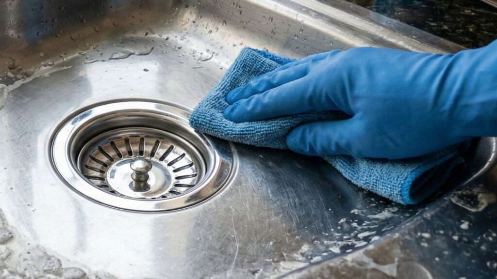 Pia de inox brilhando novamente, sem palha de aço, com uma combinação caseira que remove manchas d’água e marcas de gordura