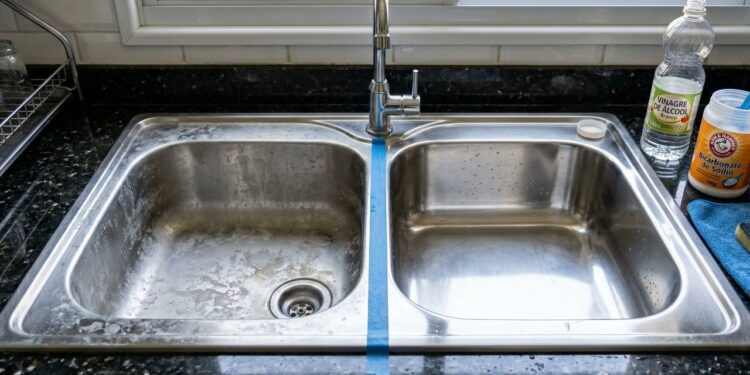 Pia de inox brilhando novamente, sem palha de aço, com uma combinação caseira que remove manchas d’água e marcas de gordura