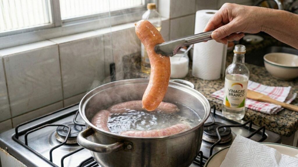 Por que um pouco de vinagre na água do cozimento impede que as linguiças estourem