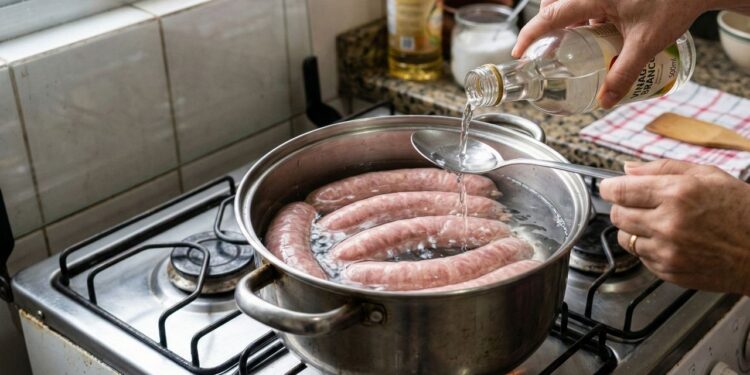 Por que um pouco de vinagre na água do cozimento impede que as linguiças estourem