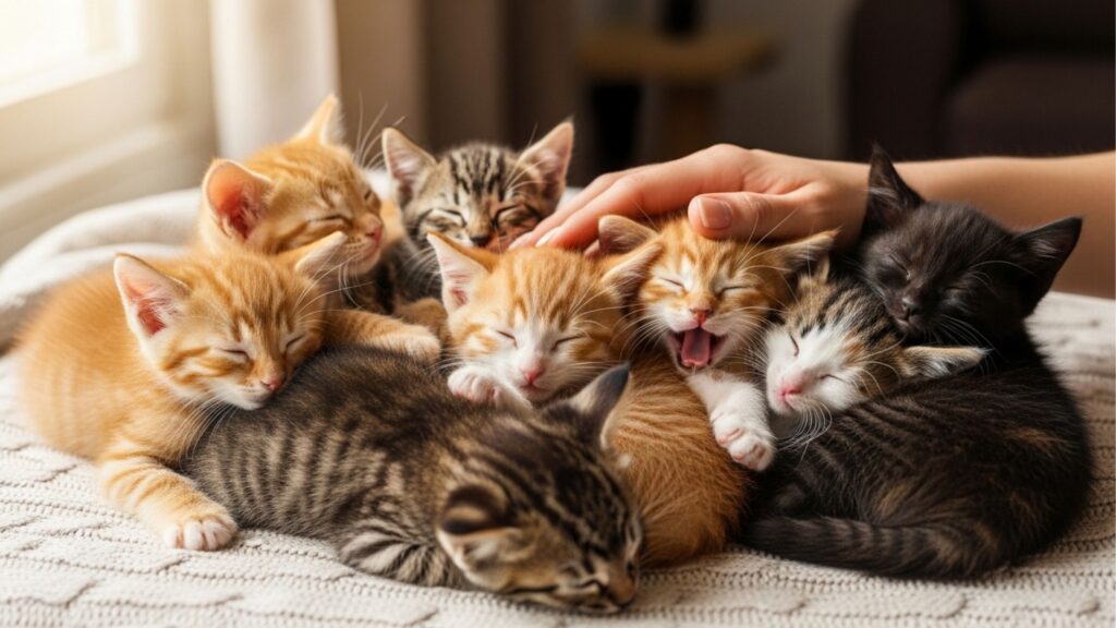 Oito gatinhos estavam encolhidos num canto do jardim, tremendo de frio. Quando foram acolhidos numa casa quentinha, seus dias se encheram de felicidade!