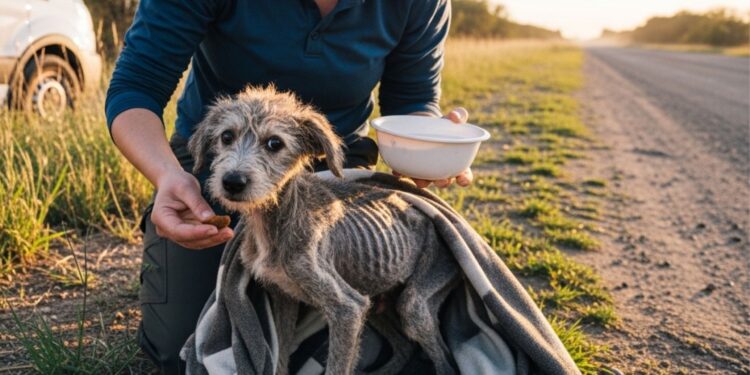 Filhote abandonado na beira da estrada luta para sobreviver até ser encontrado por voluntários