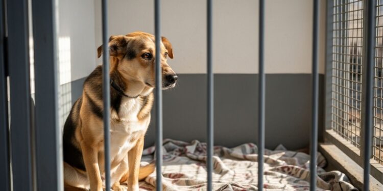 Cão resgatado, que retorna ao abrigo de animais uma semana após sua adoção, espera por uma vida melhor