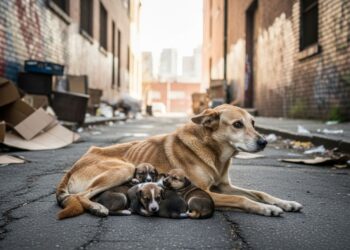 Cachorro ferido continua protegendo seus filhotes até ser encontrado por voluntários