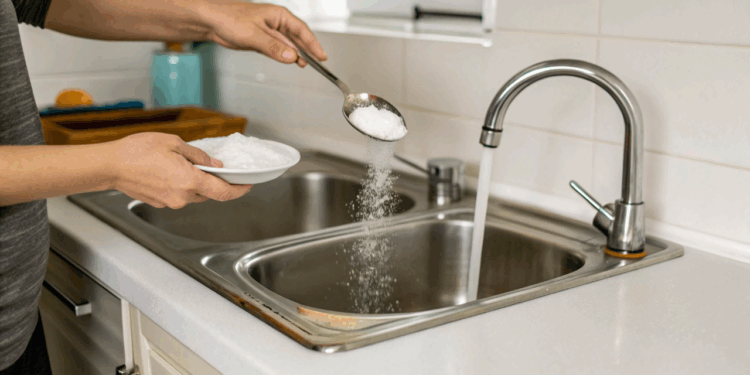 Coloque bicarbonato no ralo antes de dormir e evite odores e entupimentos na sua cozinha