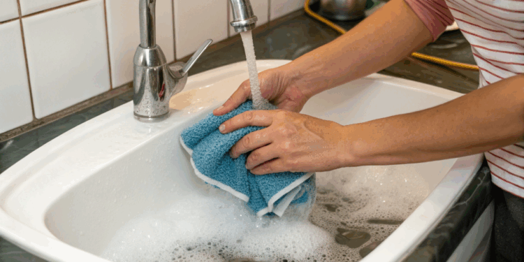 Por que você nunca deve lavar pano de prato só com sabão, e o que usar no lugar