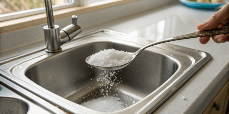 Por que jogar sal no ralo da pia antes de dormir resolve um problema comum na sua cozinha