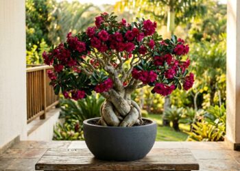 A planta de tronco gordo que não precisa de muita água e tem impressionado colecionadores com flores parecidas com rosas de jardim