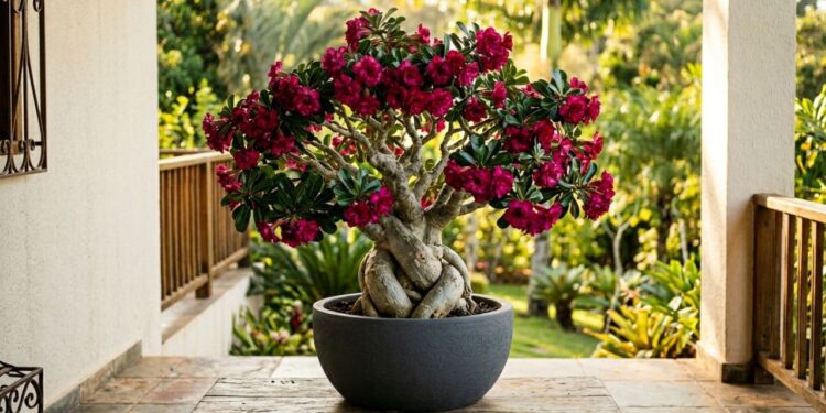 A planta de tronco gordo que não precisa de muita água e tem impressionado colecionadores com flores parecidas com rosas de jardim