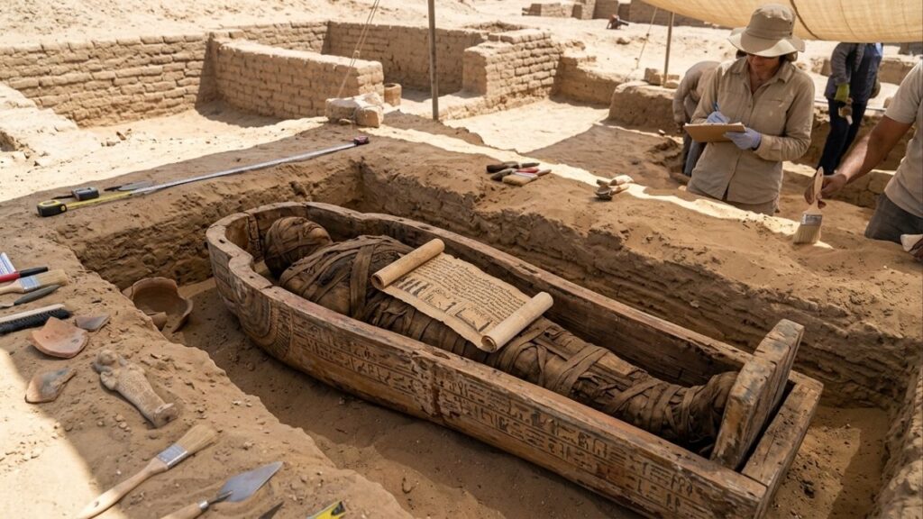 Arqueólogos espanhóis encontram múmia com um fragmento da "Ilíada" no interior, no Egito