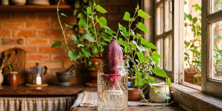 A batata-doce brota como fermento: antes de plantar no buraco, deixe a ponta submersa na água com palitos de dente