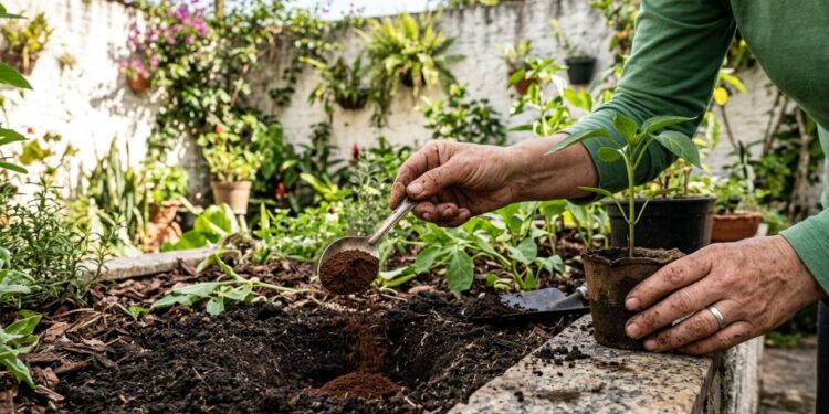 Os pimentões germinam como fermento: ao plantá-los no buraco, adicione uma colher de sopa de borra de café seca para dar nitrogênio