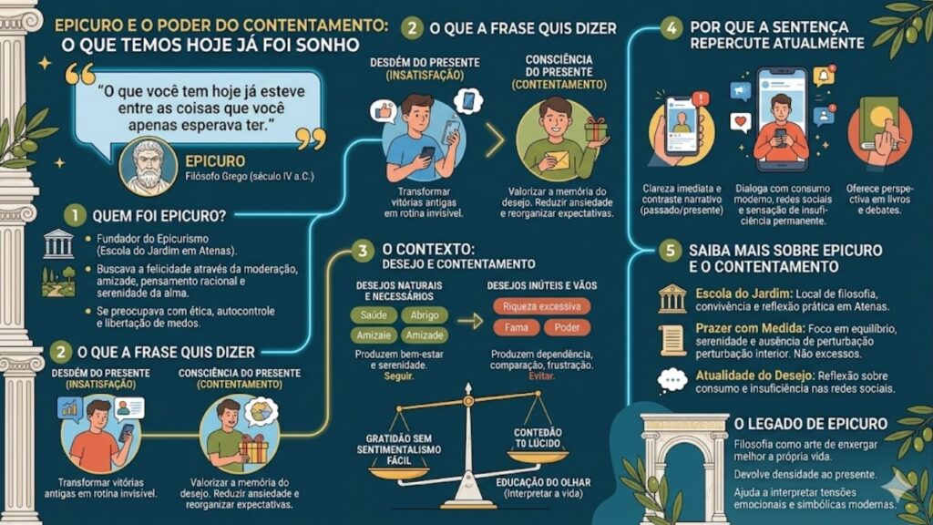 Epicuro, filósofo grego: “O que você tem hoje já esteve entre as coisas que você apenas esperava ter.”