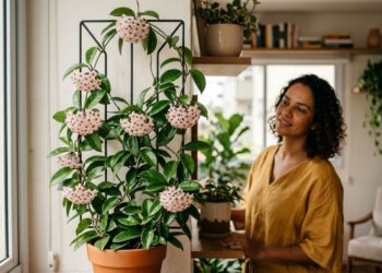 Para a trepadeira durar anos: o macete não é trocar de vaso, mas nunca cortar a haste antiga de onde a flor de porcelana caiu