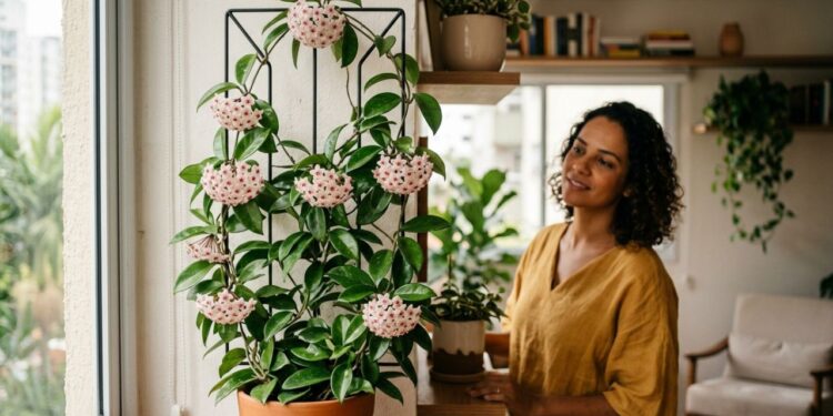 Para a trepadeira durar anos: o macete não é trocar de vaso, mas nunca cortar a haste antiga de onde a flor de porcelana caiu