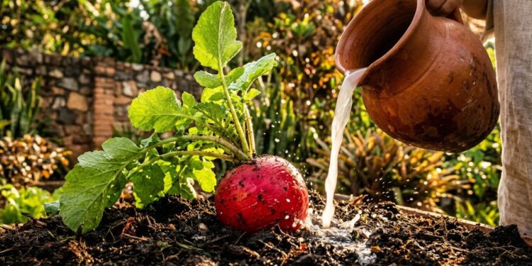 Os rabanetes germinam como fermento: ao molhá-los na terra, adicione meio copo de água de lavagem de arroz