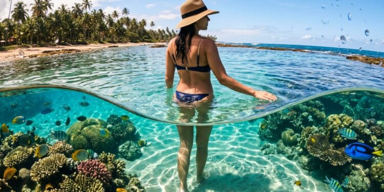A praia com 12 km de águas cristalinas com piscinas naturais entre corais e o único castelo medieval das Américas