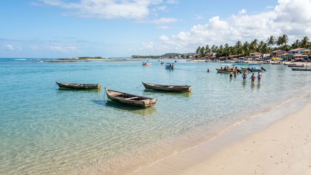 O vilarejo alagoano com piscinas naturais a 15 minutos de barco e águas tão transparentes que os barcos parecem voar sobre o mar