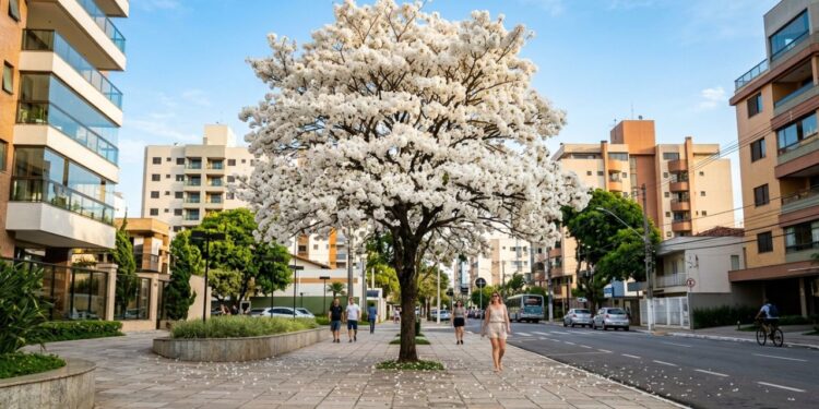 A árvore que virou a favorita de condomínios porque seu espetáculo de flores dura poucos dias, mas deixa um tapete limpo e fácil de varrer