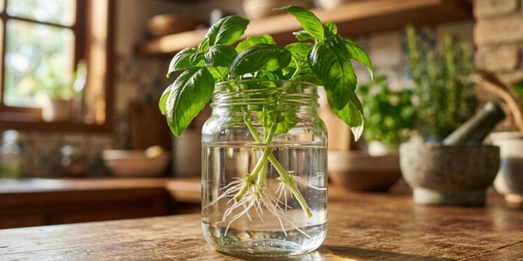 O manjericão enraíza como fermento: antes de plantar no buraco, coloque o galho em um copo d'água na janela da cozinha
