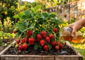 Os morangos crescem como fermento: ao plantá-los no buraco, adicione uma colher de sopa de infusão de casca de batata